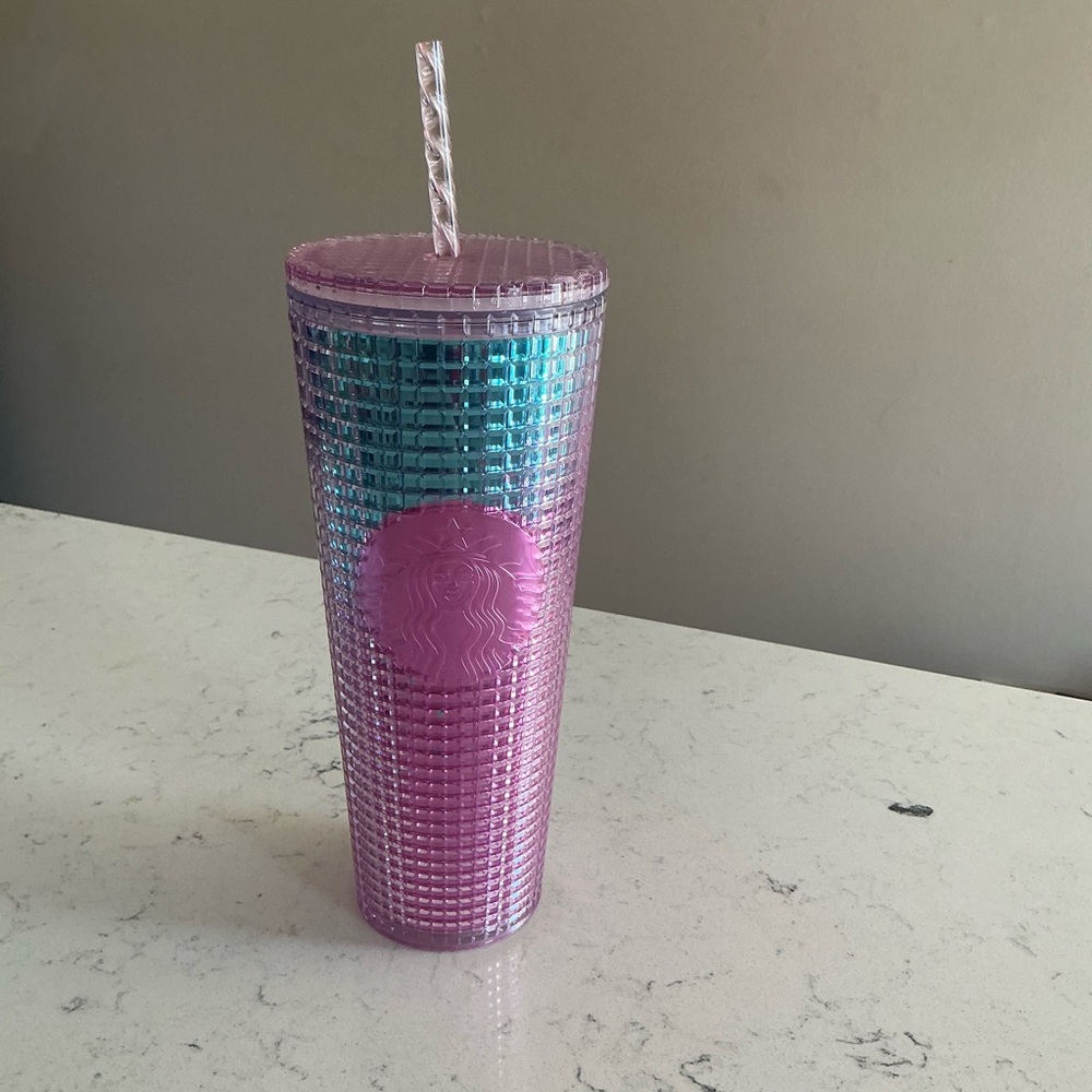 Starbucks coffee pink blue grid ombre tumbler 24 oz iridescent cold travel mug